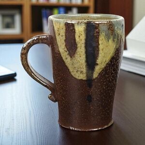 Vintage Handmade Pottery Mug: Signed CS, Brown & Tan Glaze
